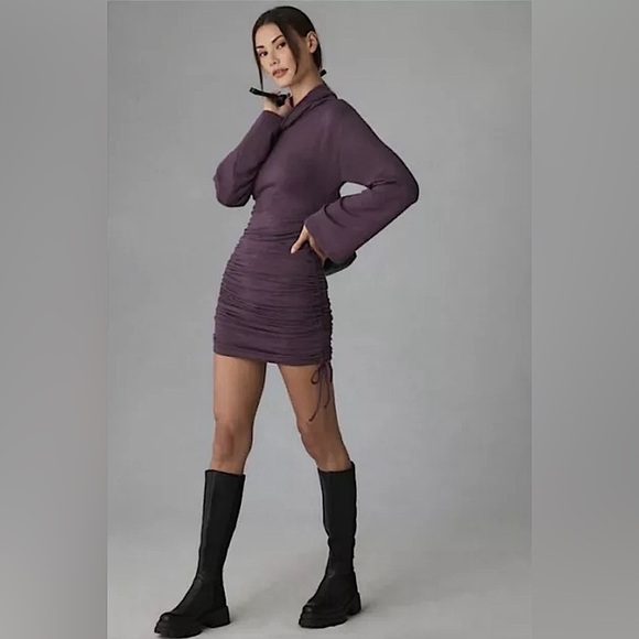 NEW Daily Practice by Anthropologie Long-Sleeve Ruched Mini Dress Plumb Sz XS - Picture 2 of 8